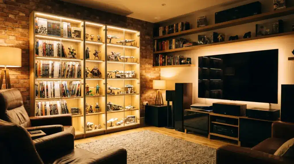 Glass collectibles display cabinet showcasing hobbies in a modern man cave.