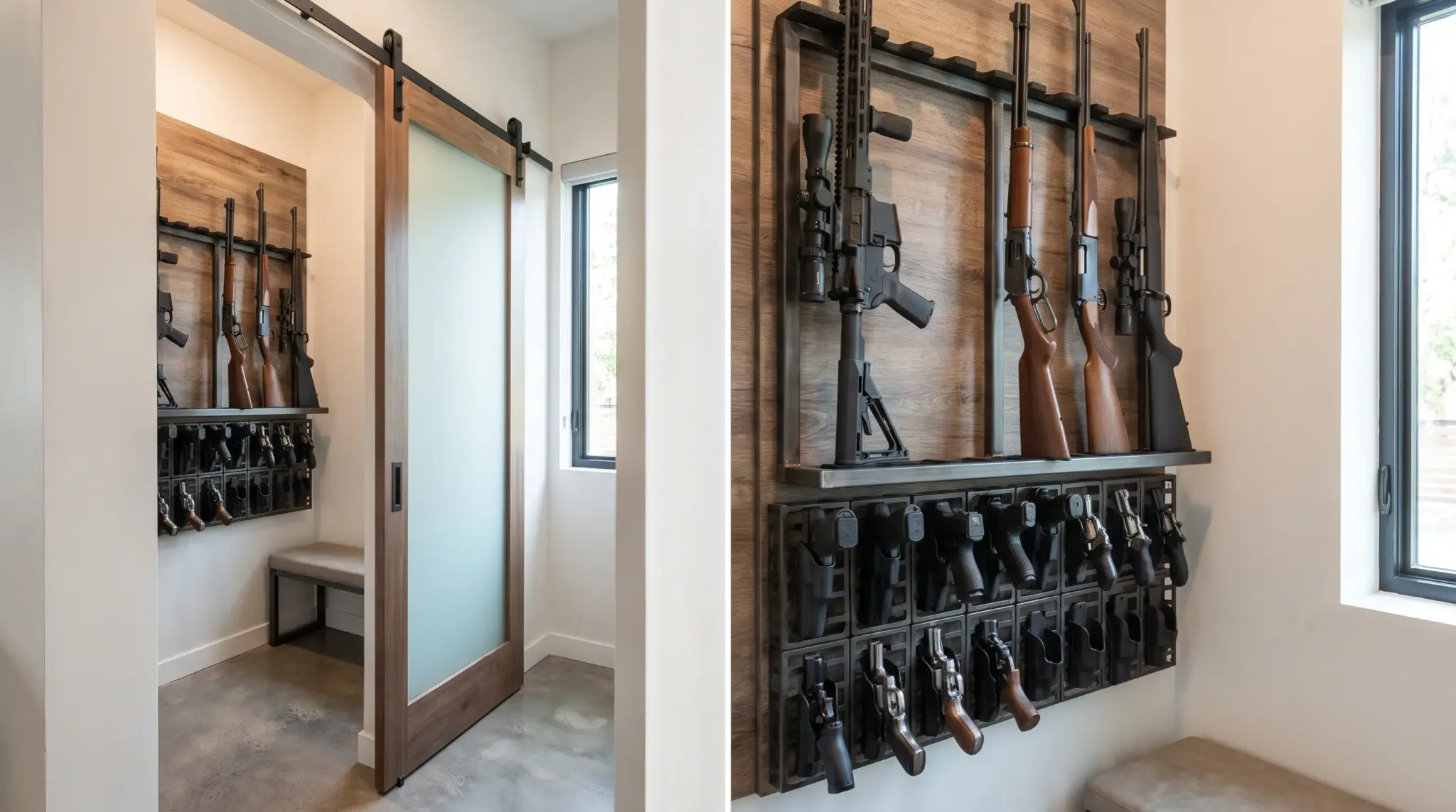 Compact gun room with vertical wall racks storing rifles and pistols in an organized space-saving layout.