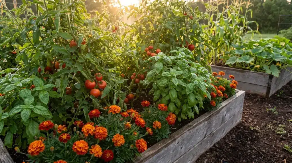 Companion Planting Chart Best Vegetable Pairings for Garden Hero image showing a raised bed vegetable garden with tomatoes, basil, marigolds and beans planted as companions in morning light