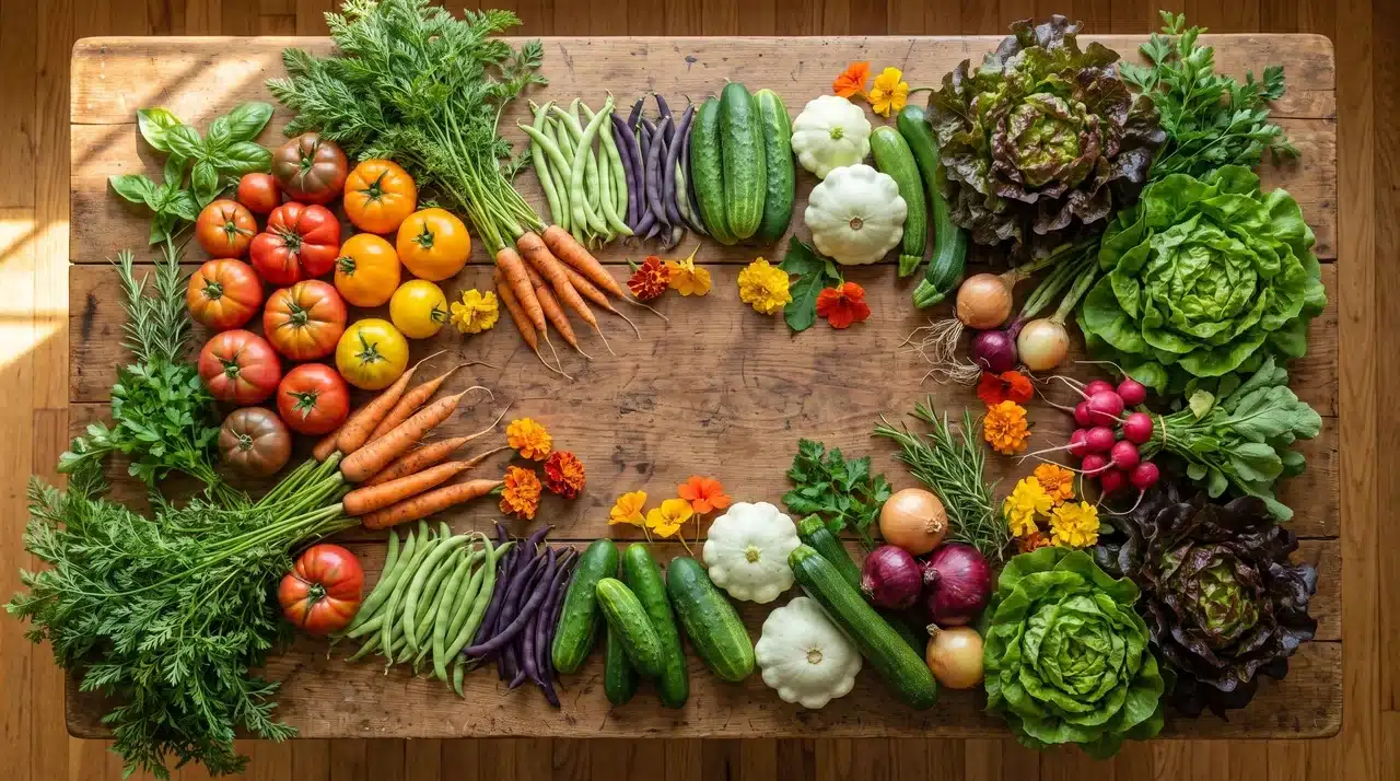 Overhead flat lay of freshly harvested companion planting vegetables herbs and flowers including tomatoes basil marigolds carrots and beans on a farmhouse table