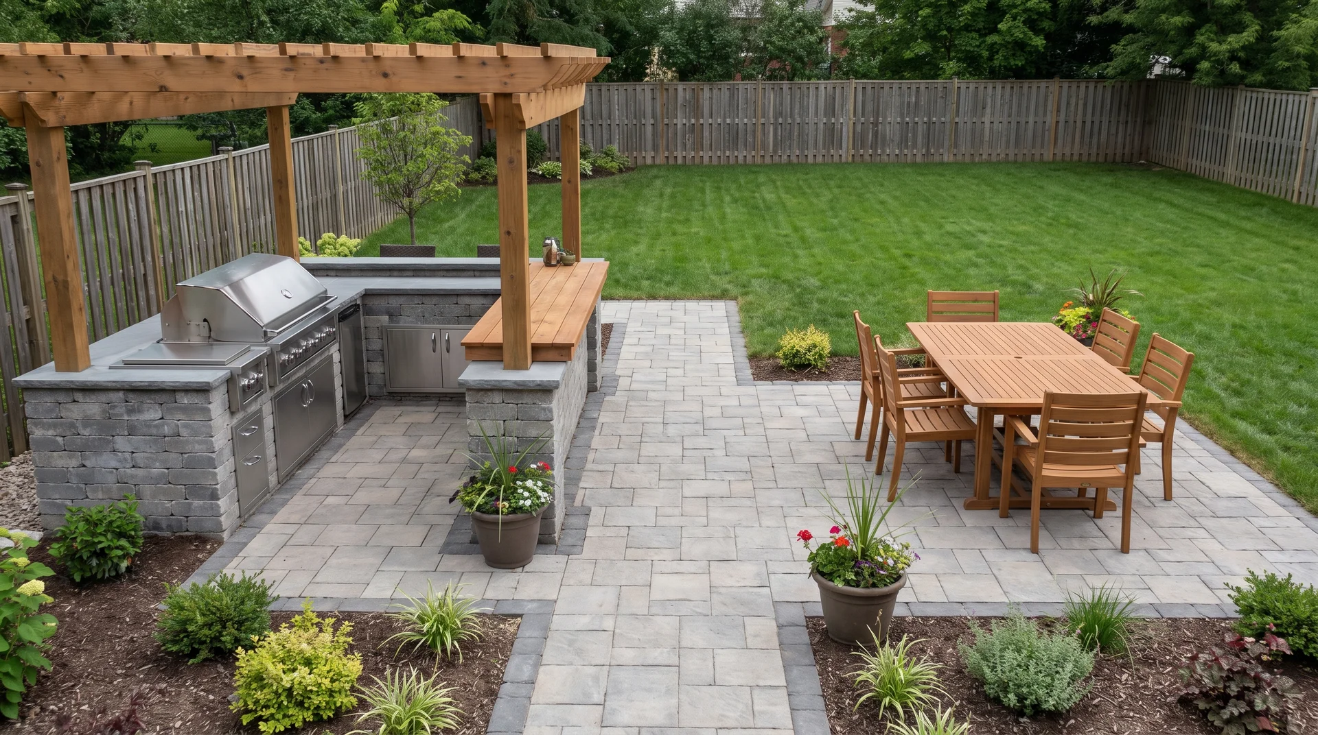 Outdoor kitchen connected to dining area with grill, serving counter, table, and clear pathways