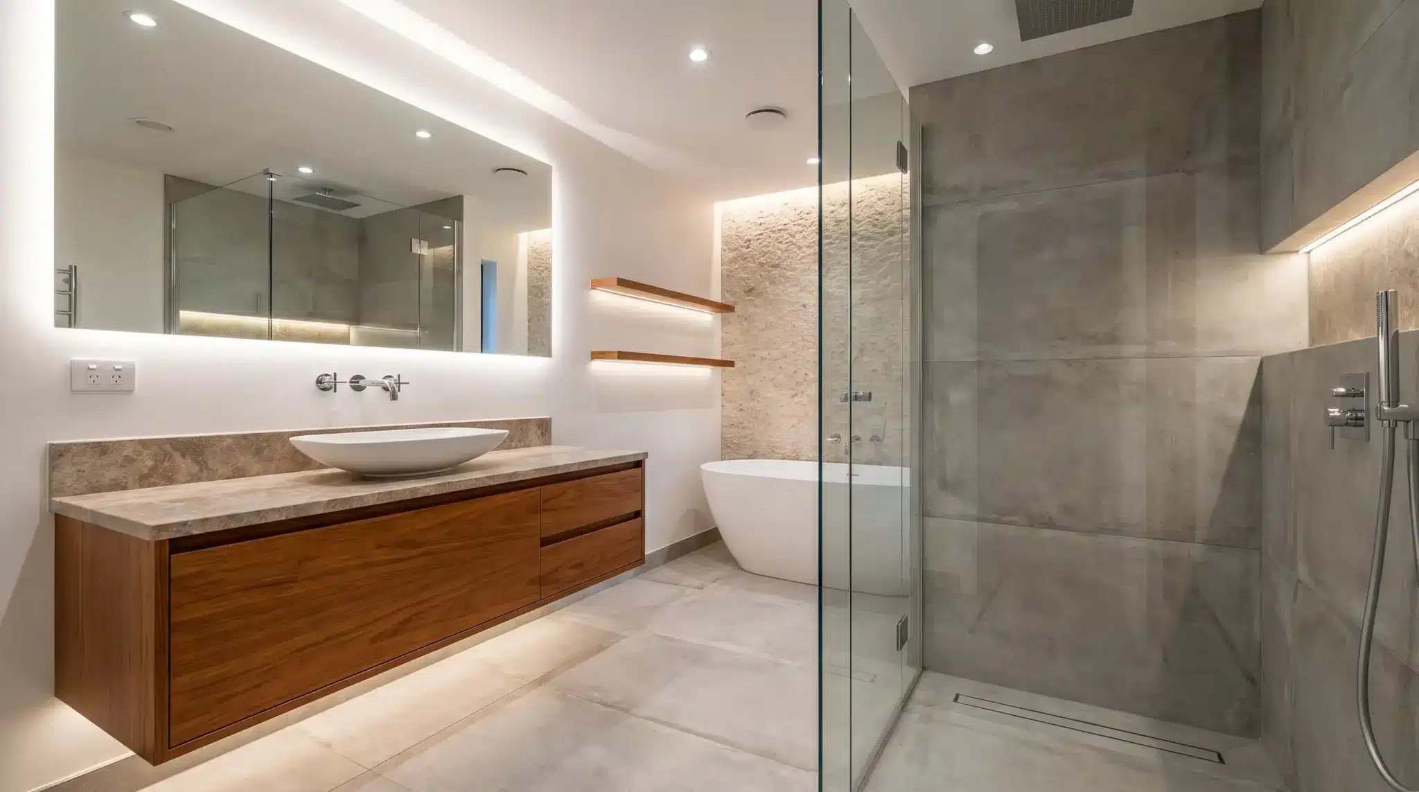 Contemporary bathroom with a floating vanity, frameless glass shower, large tiles, and warm wood details.