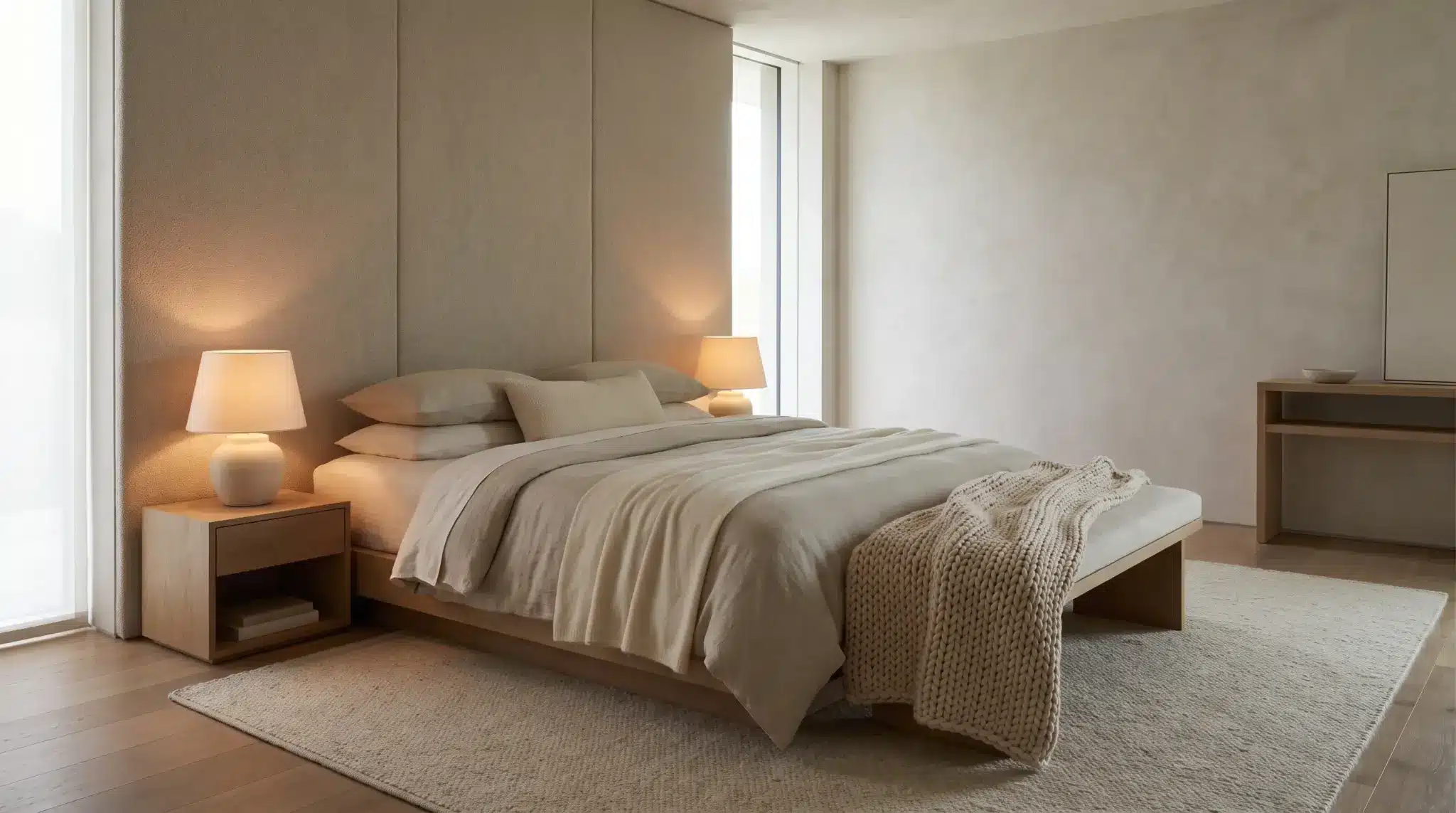 Contemporary bedroom with a low-profile bed, neutral bedding, warm lighting, and textured fabrics.