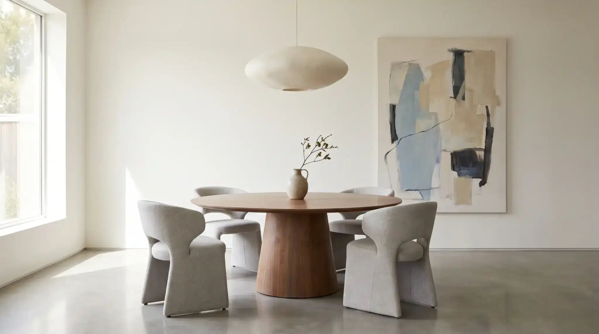 Contemporary dining room with a central table, sculptural chairs, pendant lighting, and large artwork.
