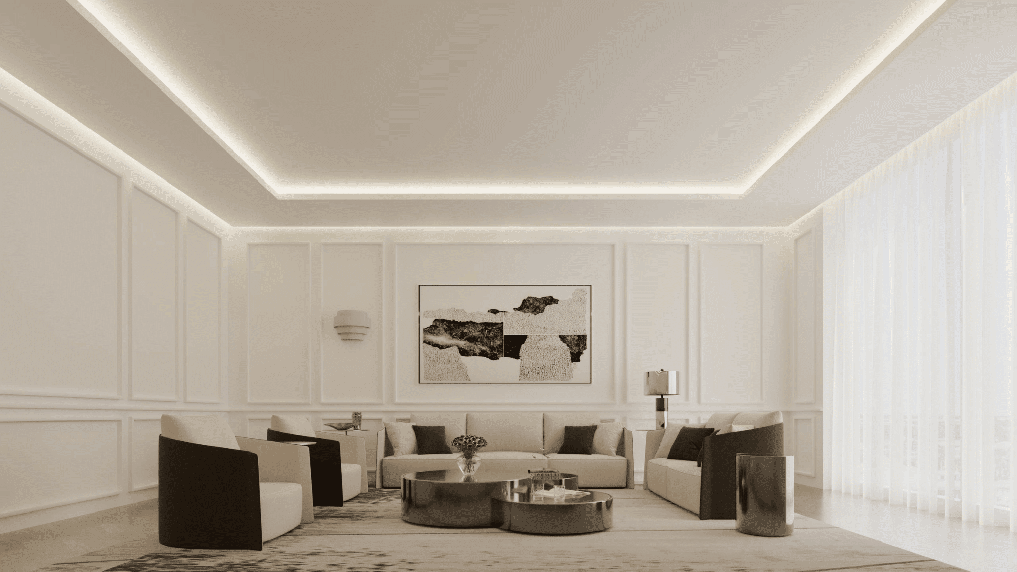 contemporary floating tray ceiling with soft recessed lighting creating a clean minimalist and elegant living room design