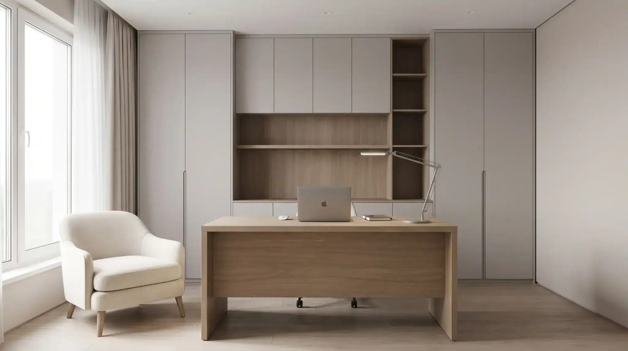 Contemporary home office with a clean desk, hidden storage, task lighting, and controlled cables.