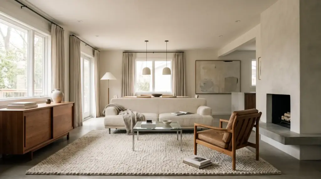 Contemporary interior design living room with neutral tones, modern furniture, natural materials, and layered lighting.