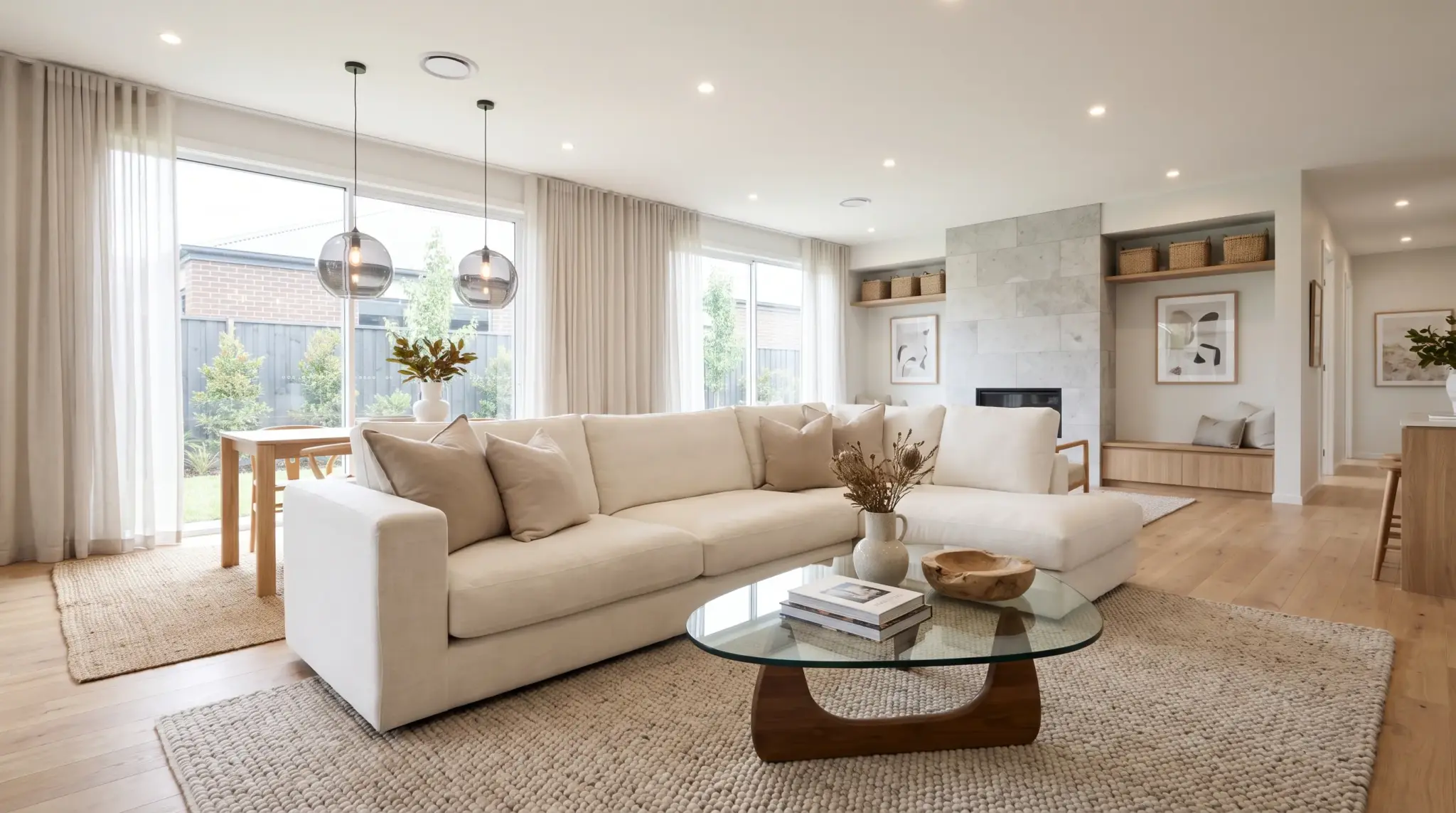 Contemporary interior design living room with neutral colors, modern furniture, natural materials, open layout, and soft lighting.