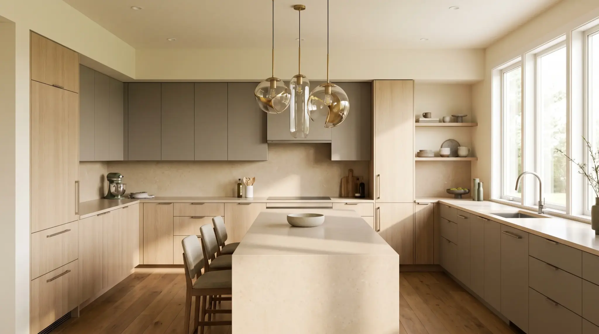 Contemporary kitchen with flat-panel cabinets, stone countertops, wood accents, and pendant lights.