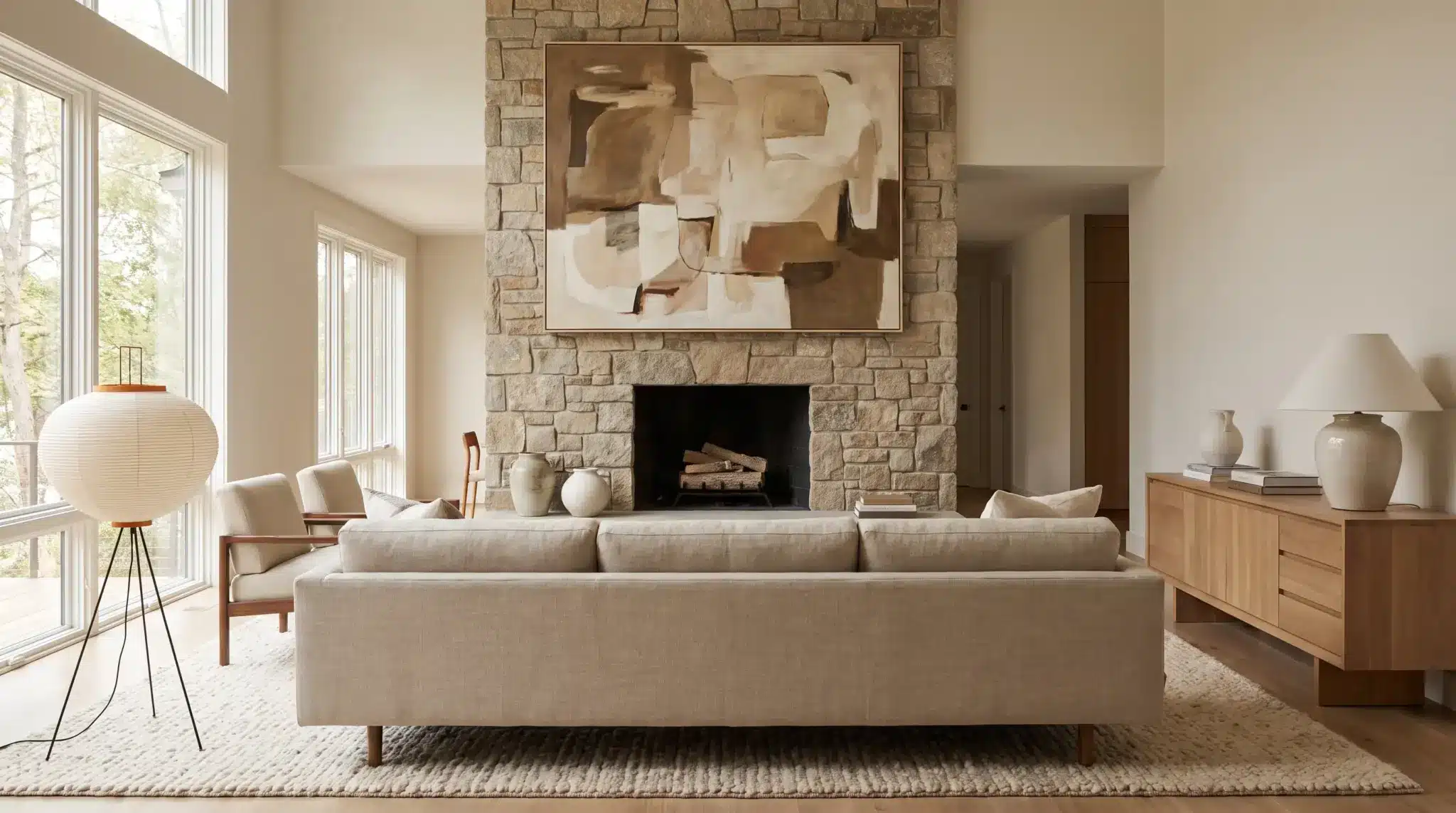 Contemporary living room with a neutral sofa, textured rug, sculptural lighting, and large wall art.