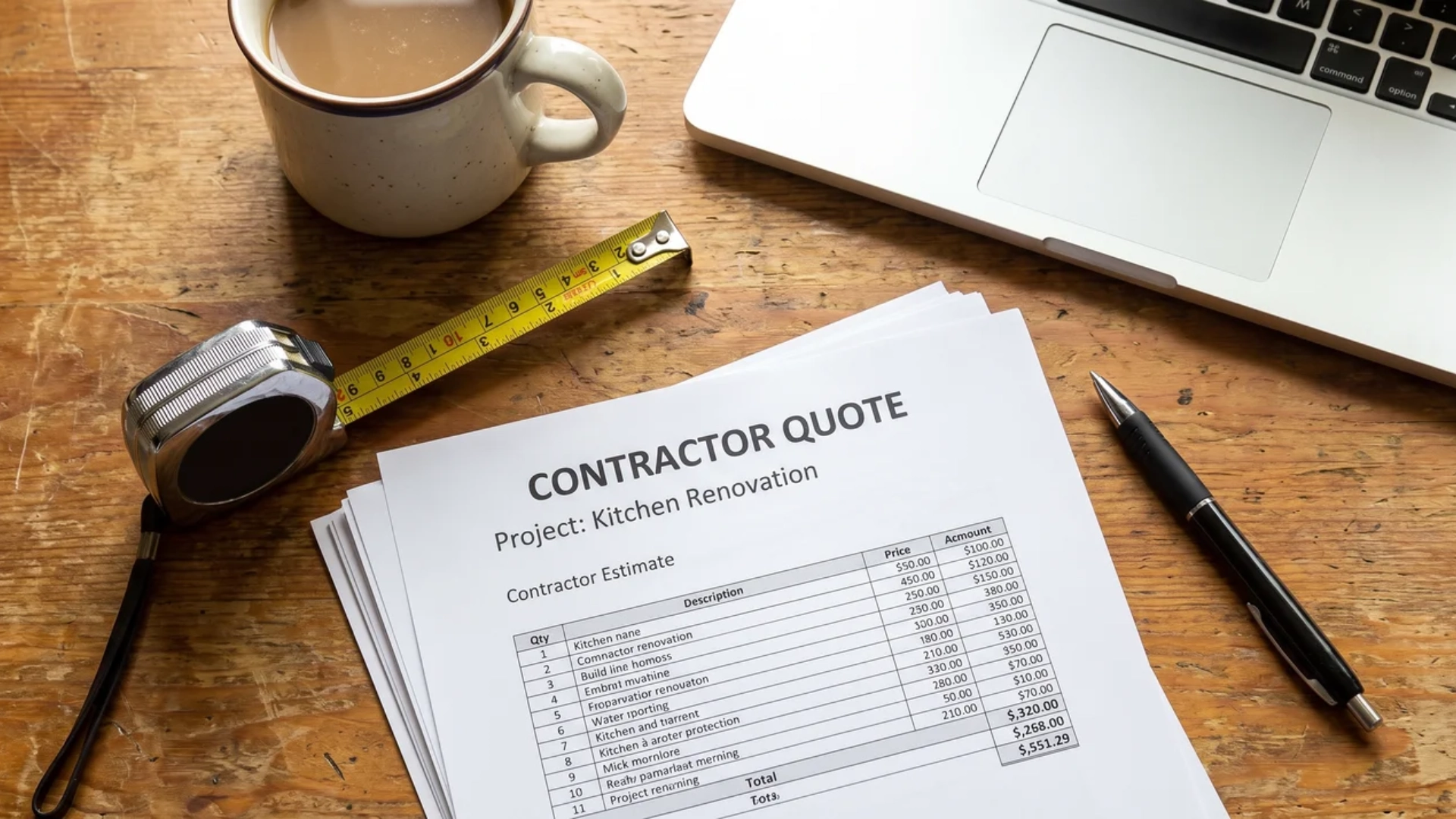 Overhead view of a contractor quote document next to a tape measure, pen, and coffee mug.