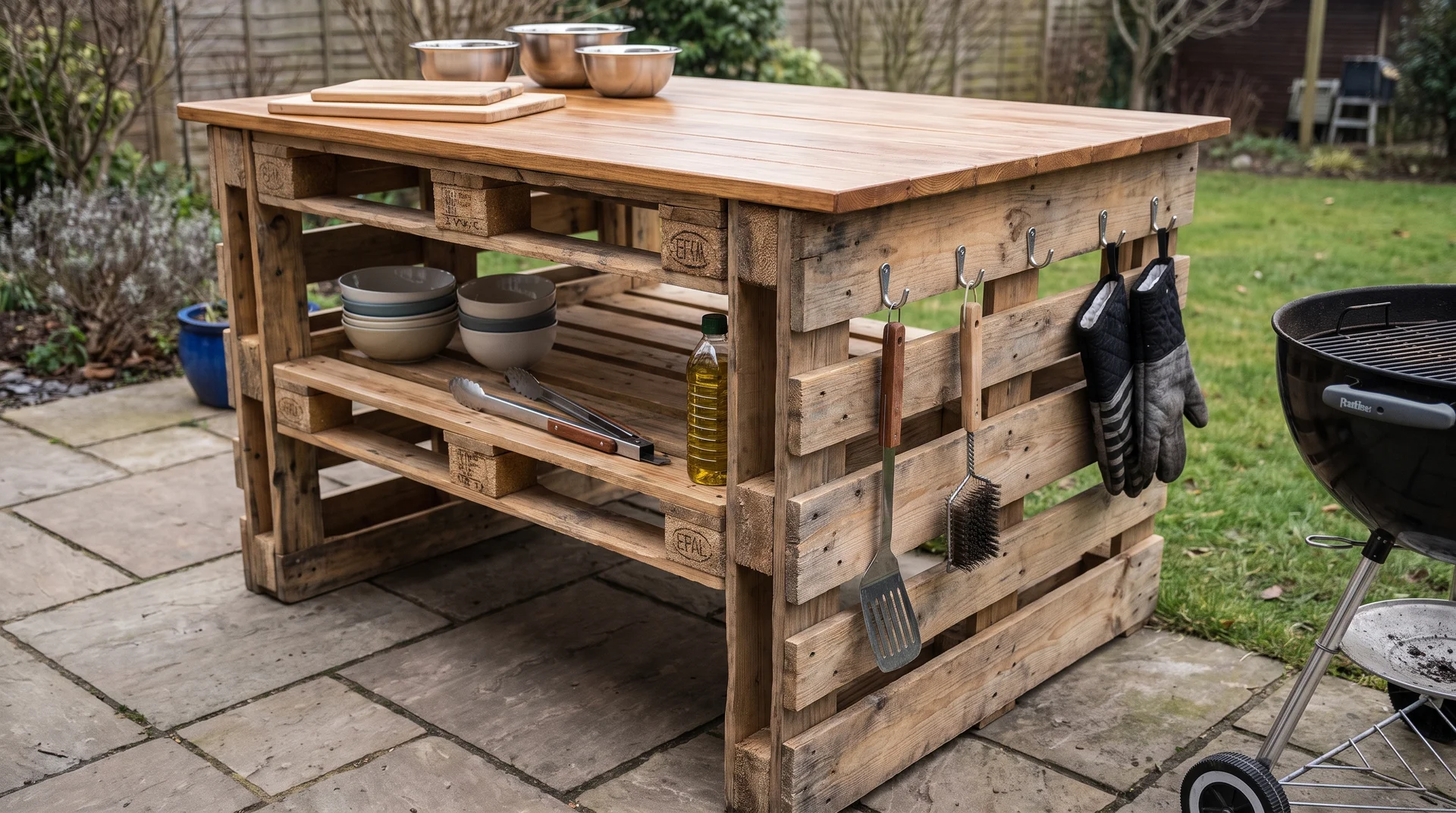DIY pallet outdoor prep station with countertop, shelves, and hooks near a grill