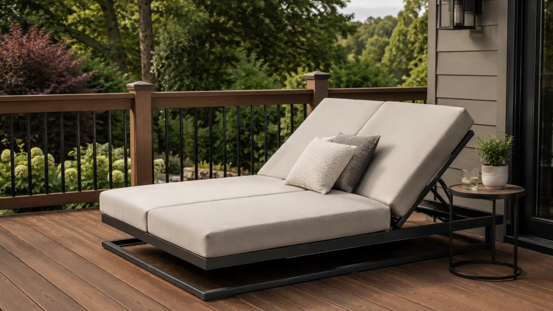 Convertible daybed reclined on a backyard deck near the railing