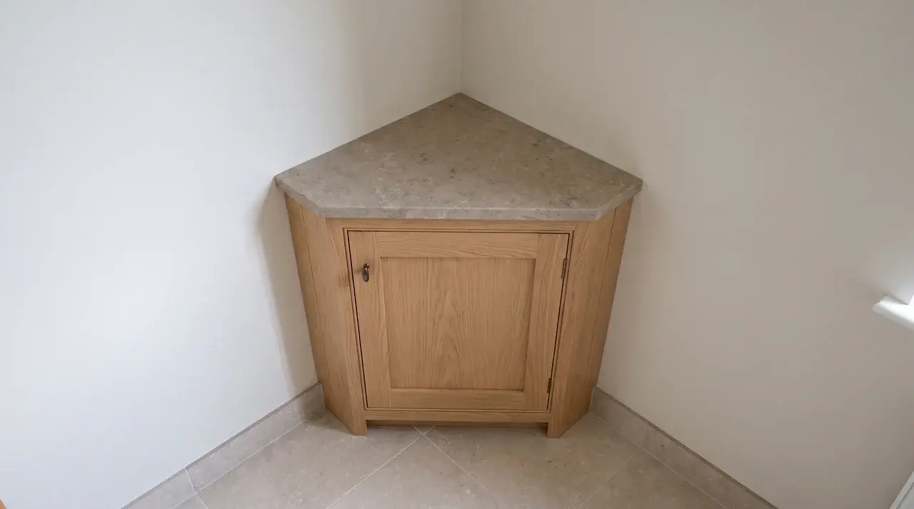 Triangular vanity cabinet with a mitered face frame fitted into a bathroom corner