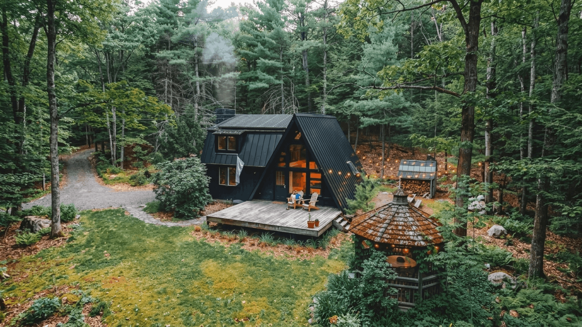 cozy a frame house with steep roof large front windows and simple design in a natural wooded setting
