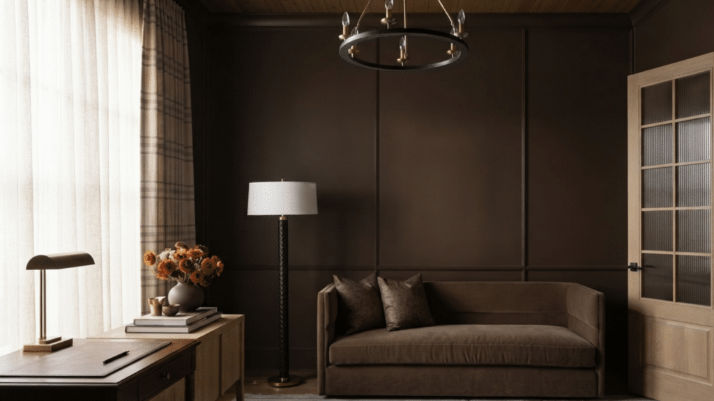 cozy home office with dark paneled walls brown sofa wooden desk floor lamp floral arrangement and soft daylight through curtains