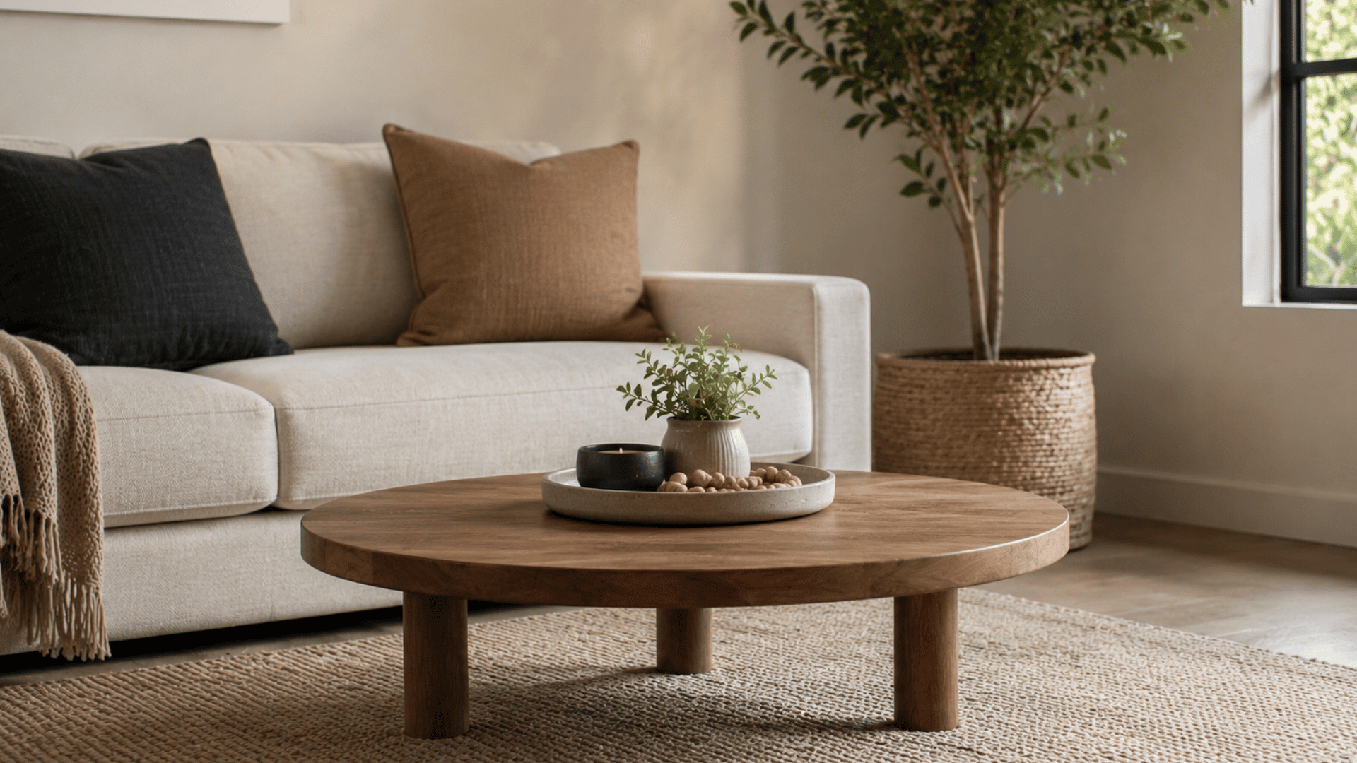 cozy living room with a beige sofa wooden coffee table potted plants and soft natural light from a nearby window