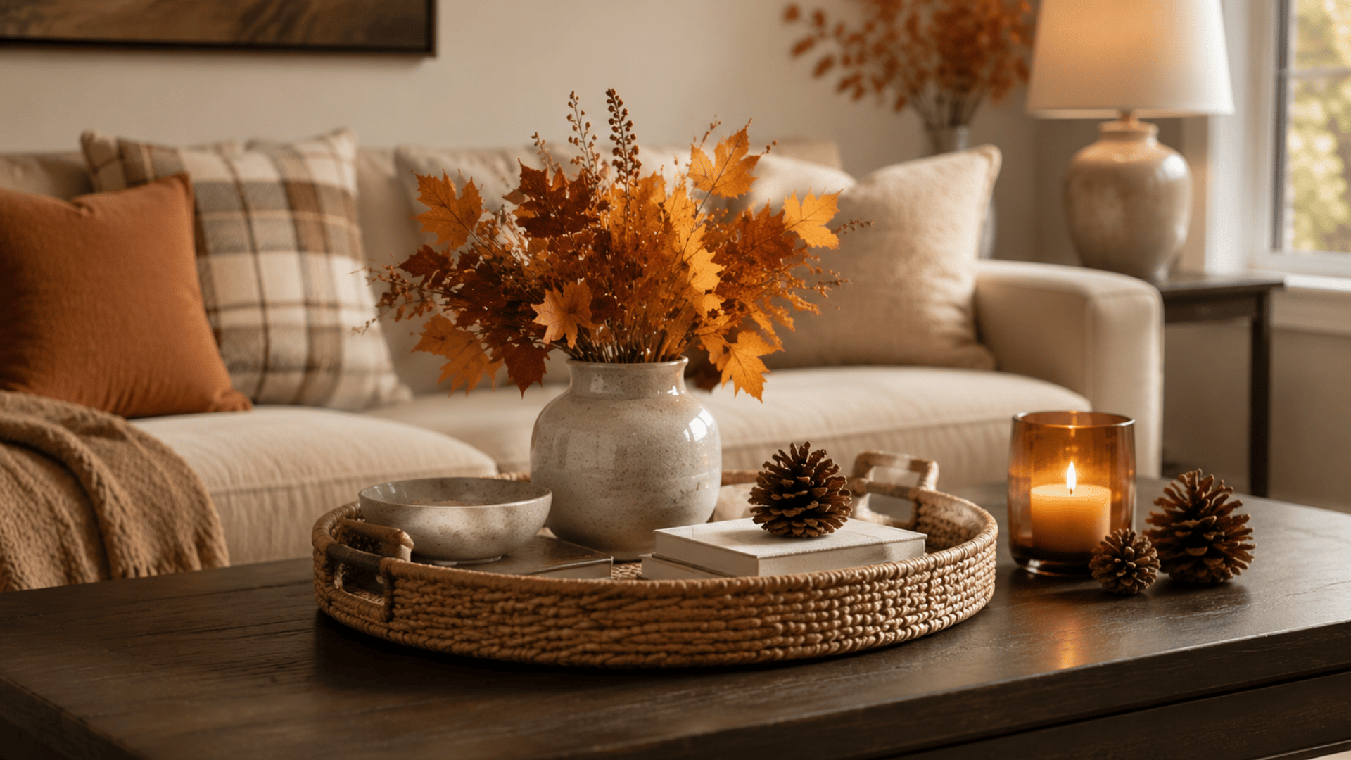 cozy living room with a vase of autumn leaves on a coffee table beside a lit candle pinecones and soft neutral decor (1)