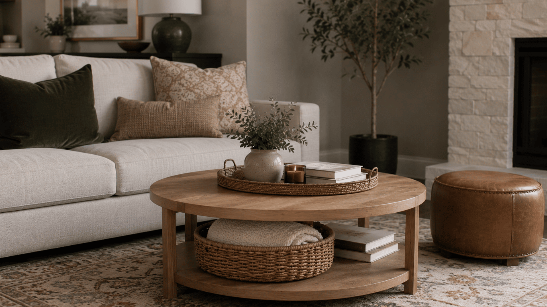 cozy living room with a white sofa round wooden coffee table decorative tray fireplace and potted tree creating a warm space