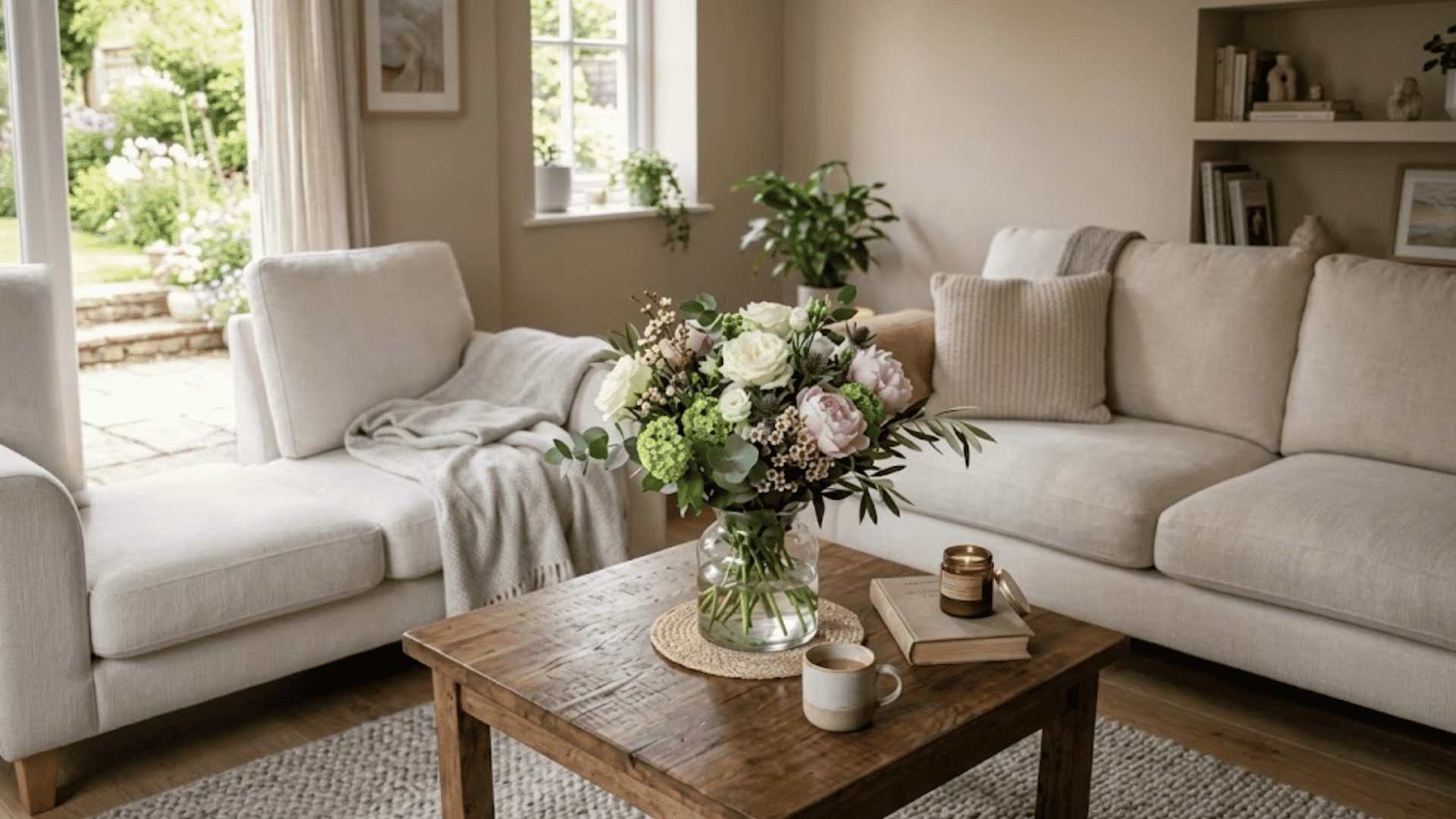 cozy living room with a wooden coffee table holding a fresh flower arrangement candle books and cup beside cream sofas