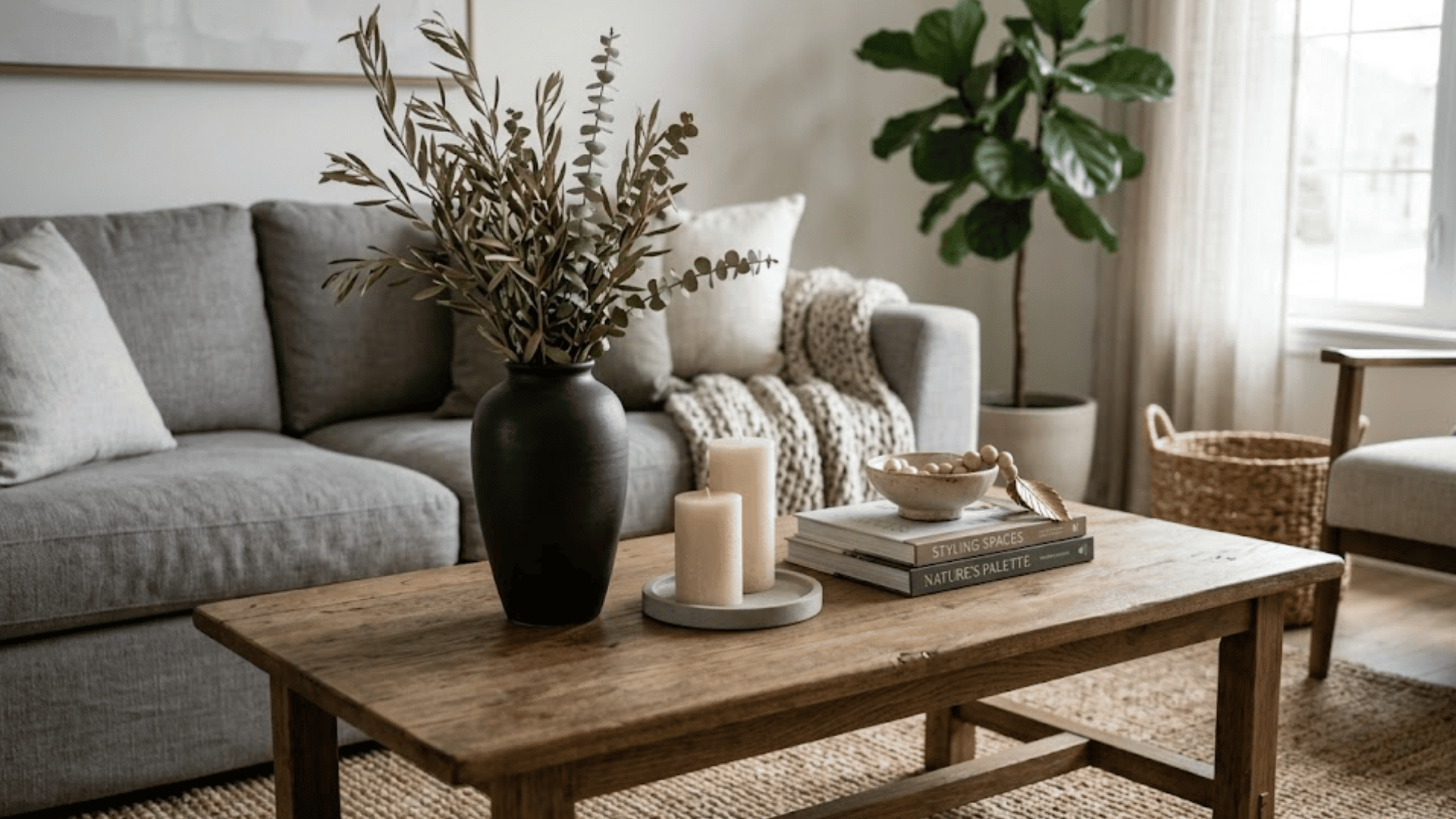 cozy living room with gray sofa wooden coffee table holding black vase candles books and leafy plant by bright window