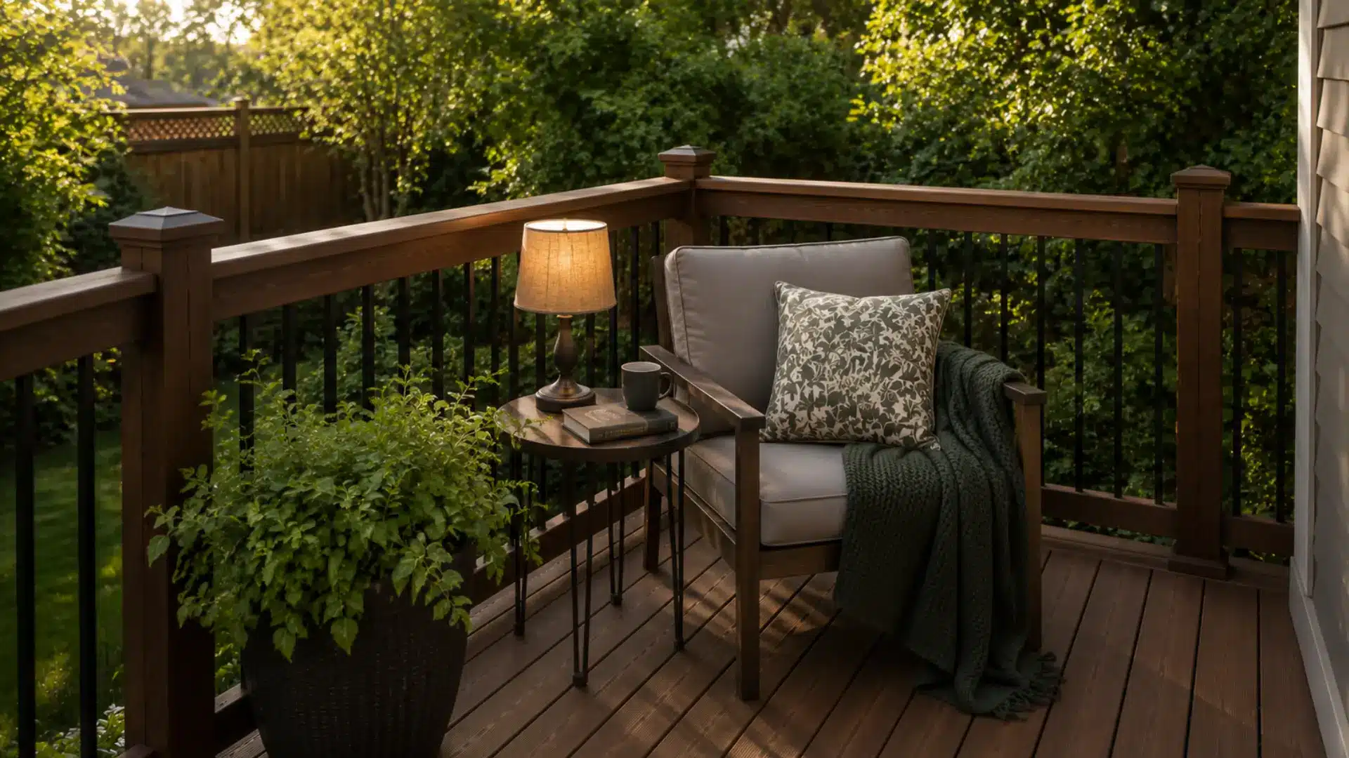 Cozy reading nook in the corner of a small backyard deck, with a single chair and side table