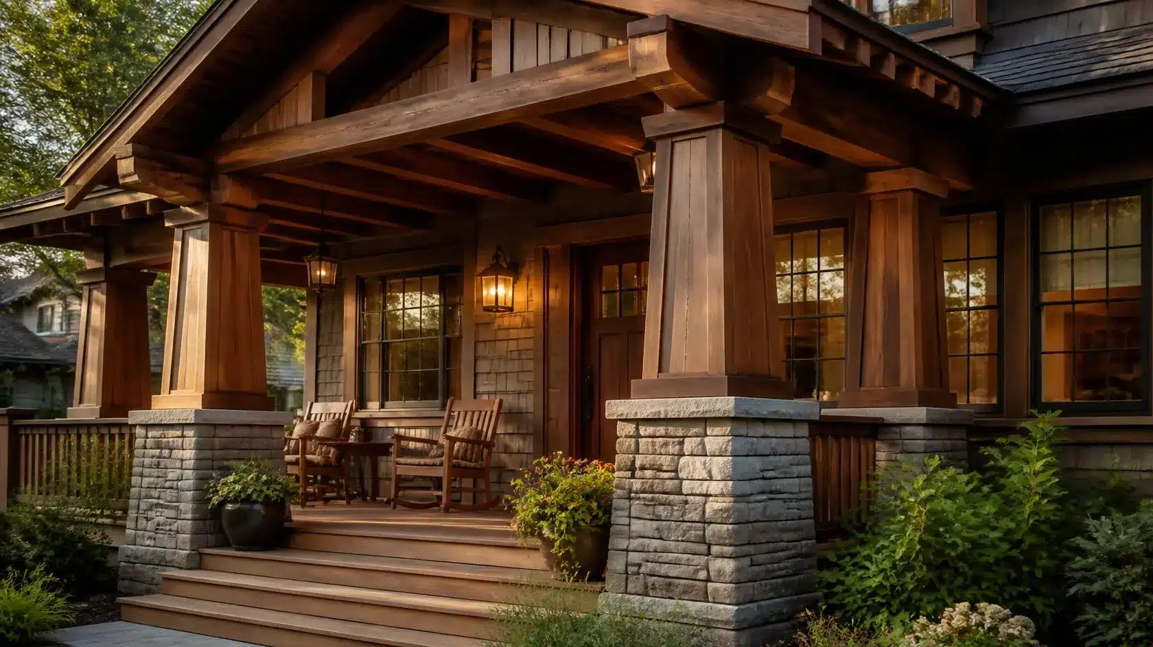 craftsman wood porch with thick columns, exposed beams, and natural wood finishes creating a timeless home exterior