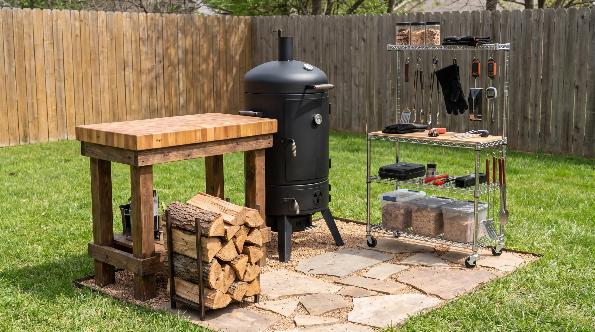 DIY smoker station with smoker, wood storage, prep surface, and tool shelves in a backyard