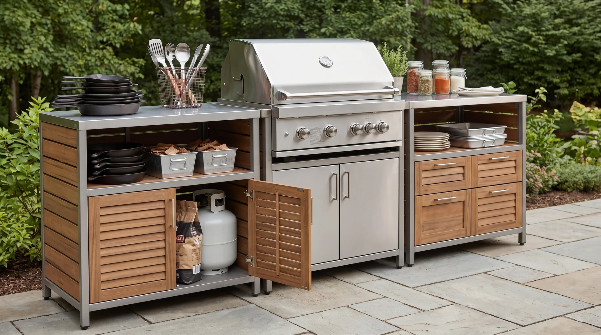 DIY BBQ cabinet setup with grill, outdoor cabinets, and organized storage compartments