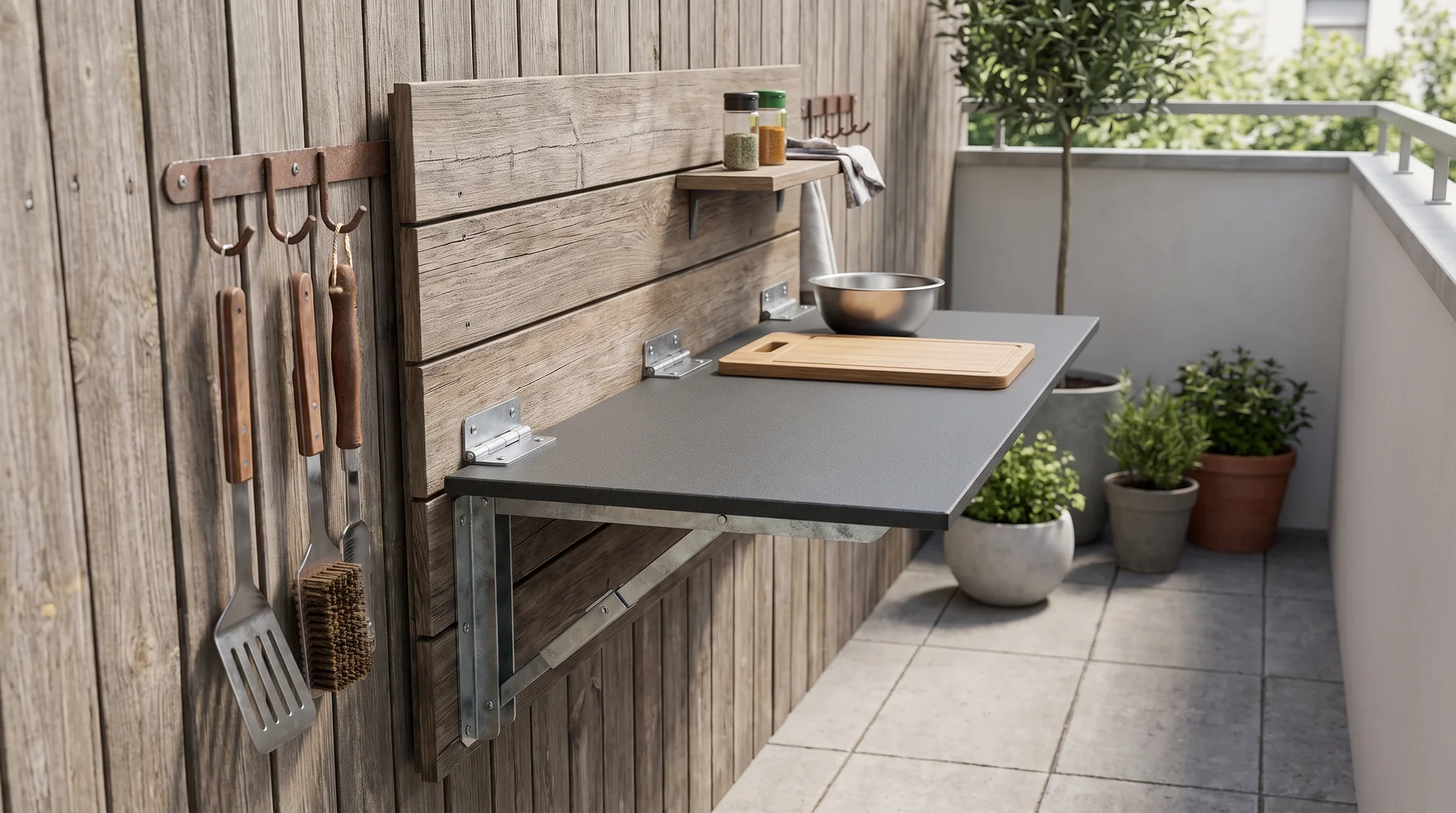 Fold-down outdoor kitchen station with wall-mounted tabletop, hinges, hooks, and prep space