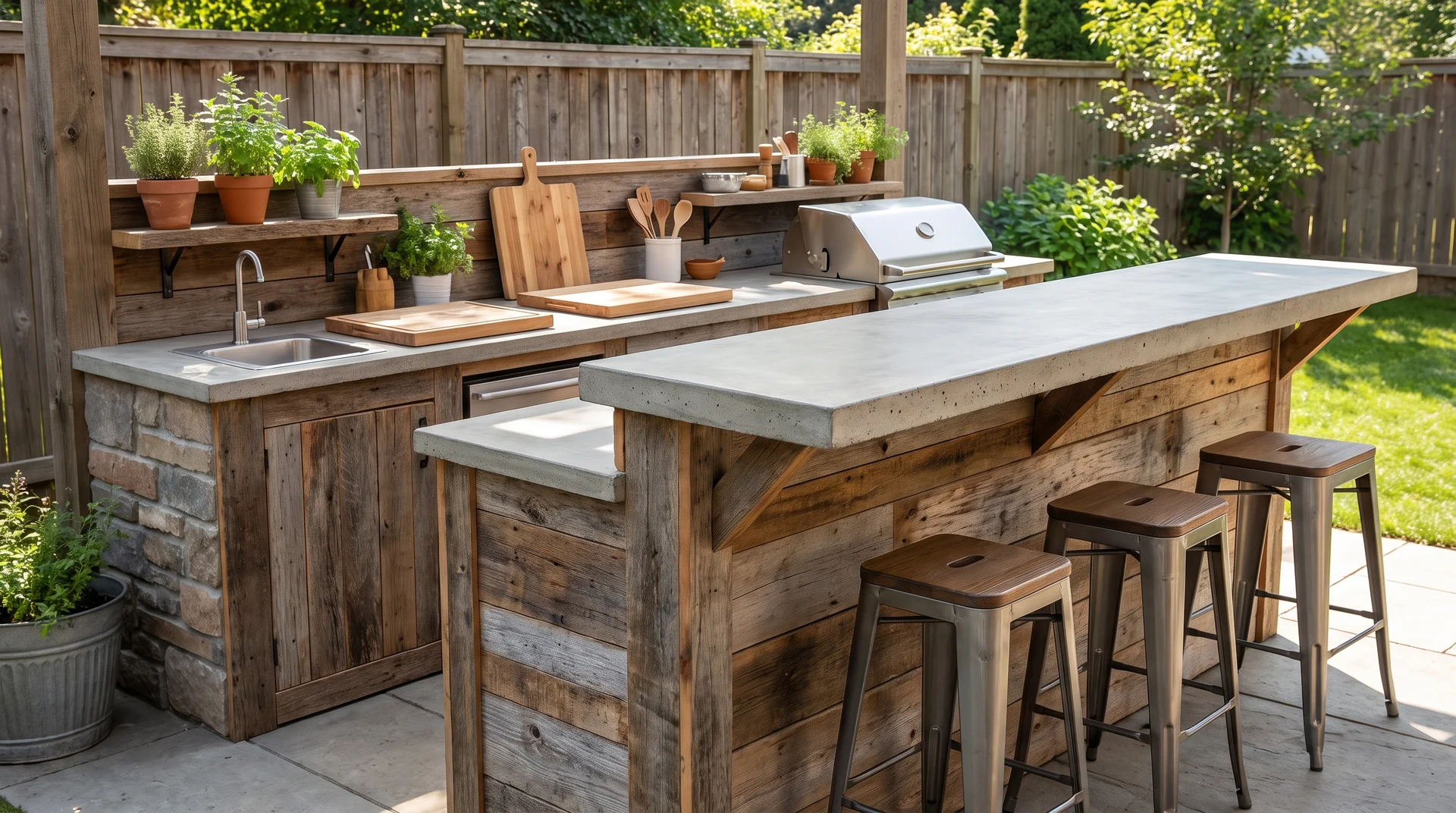 Outdoor kitchen with serving counter, countertop overhang, stools, and prep area in a backyard