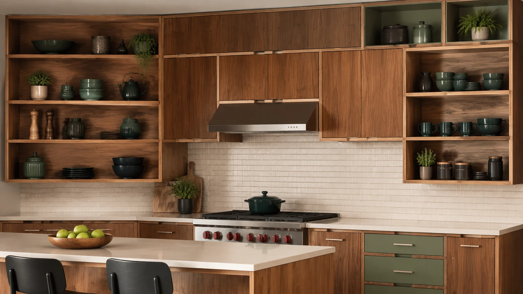 Modern wood kitchen with modular open shelves, green dishware, plants, a central island, and a stainless steel range.