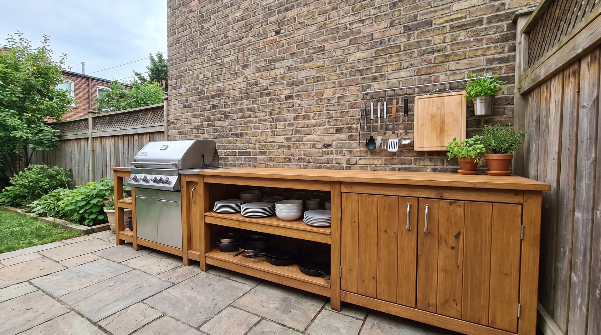 One-wall outdoor kitchen with grill, countertop, and storage along a backyard wall