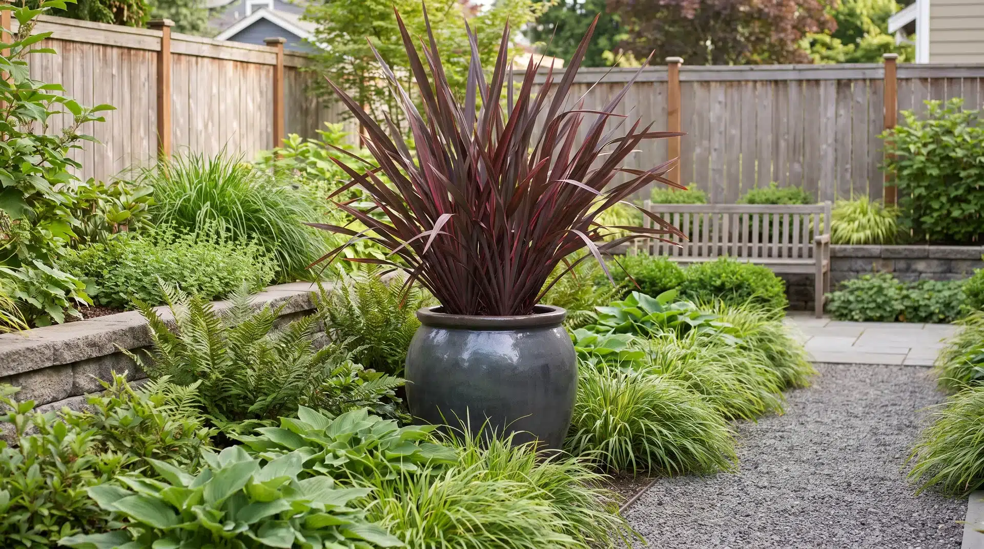 Garden area with a tall focal plant in a container surrounded by smaller plants