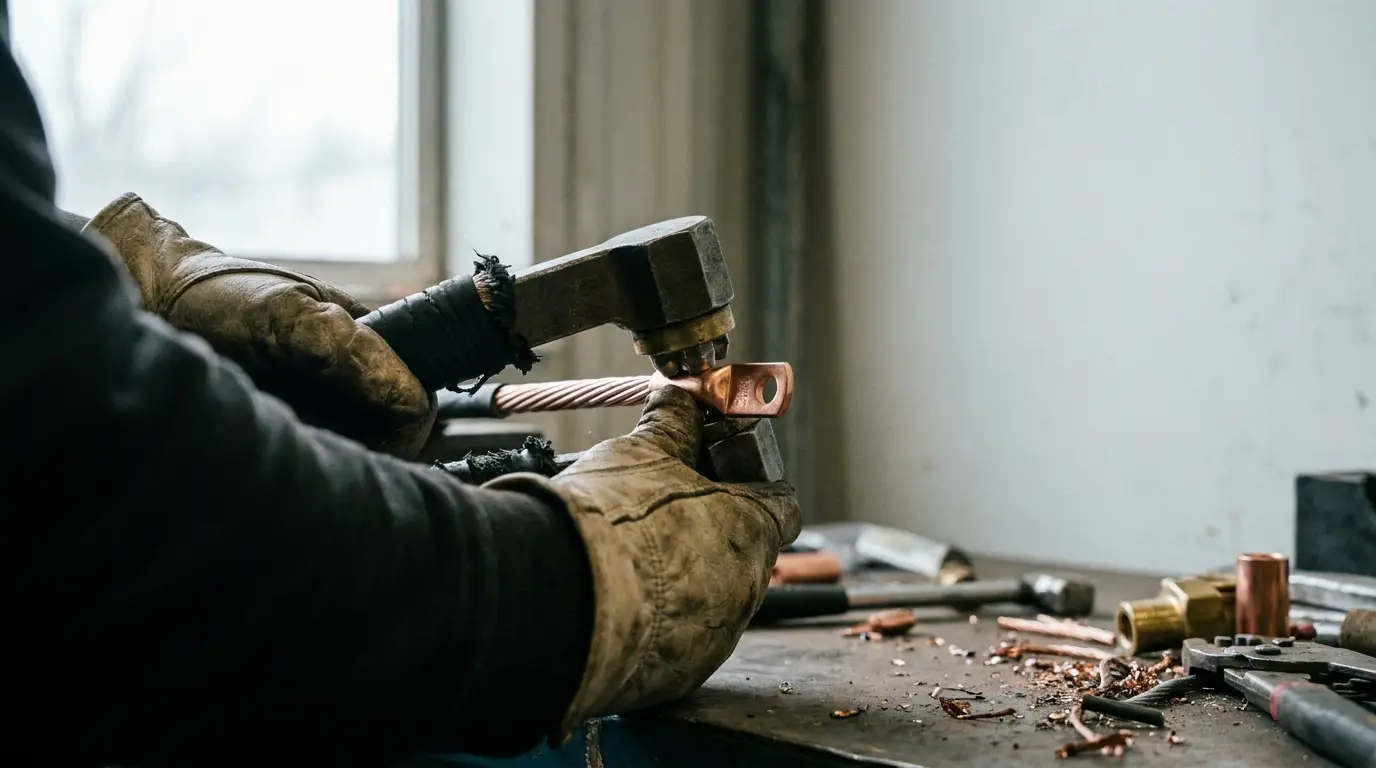 Gloved hands working with metal wire under natural light in a workshop setting