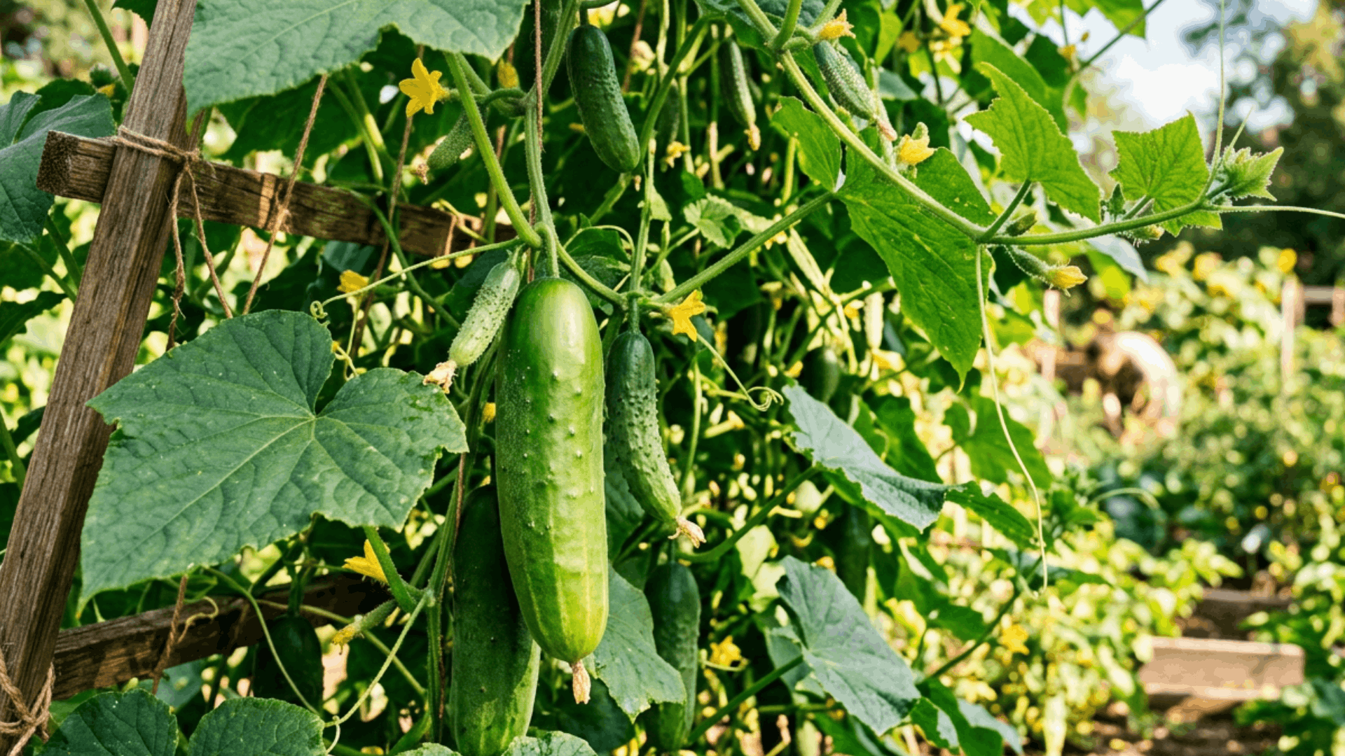cucumbers growing on climbing vines supported by a wooden trellis with yellow blossoms in a thriving vegetable garden