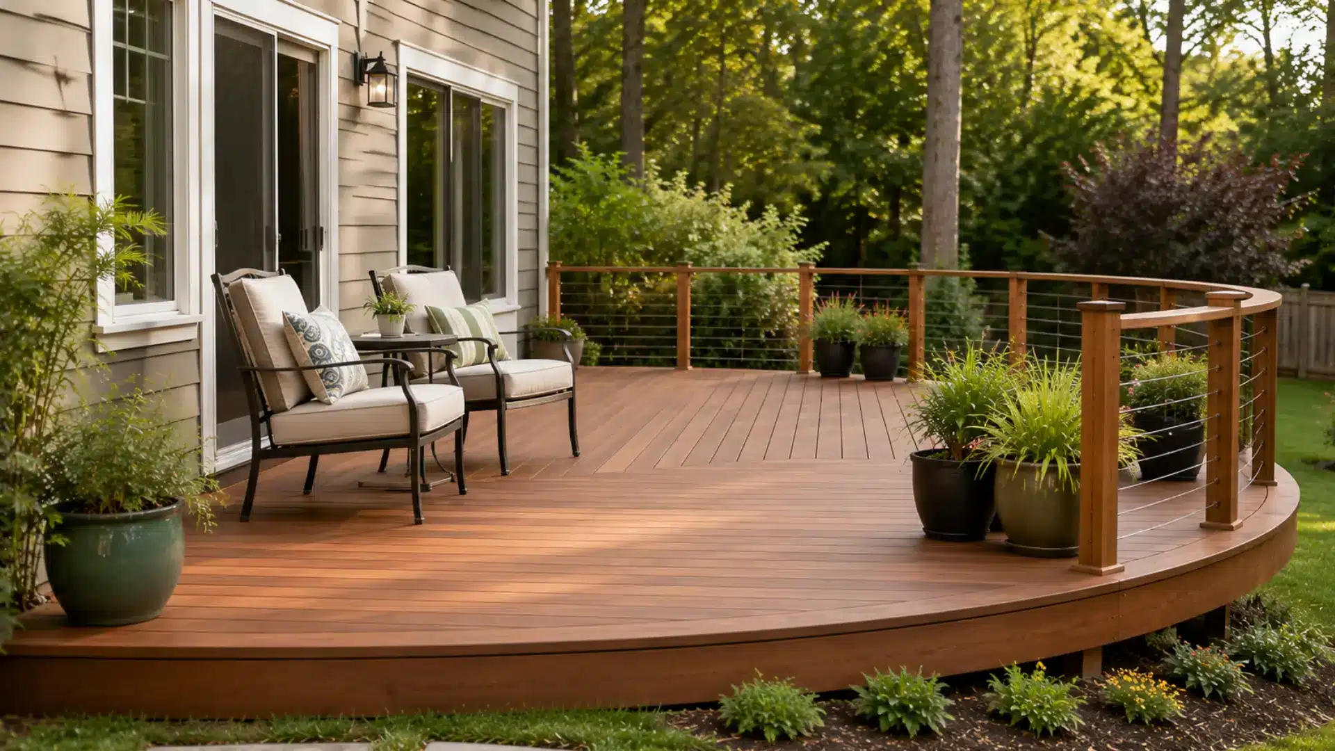 Curved-edge deck with a rounded boundary softening the boxy lines of a rectangular home exterior