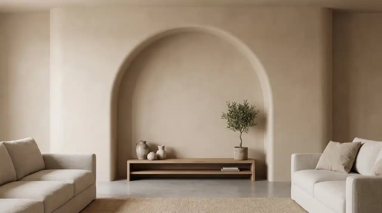 Modern living room with a curved plaster arch framing a recessed wall niche on a feature wall