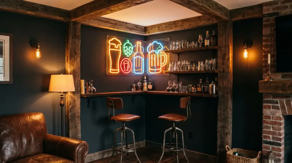 Custom neon beer sign corner creating a pub-style atmosphere in a modern man cave.