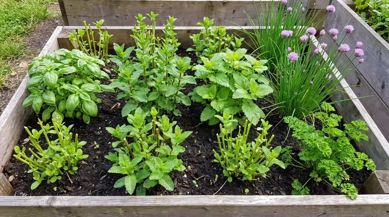 Raised herb garden with basil, mint, lemon balm, chives, and parsley showing fresh regrowth after pruning