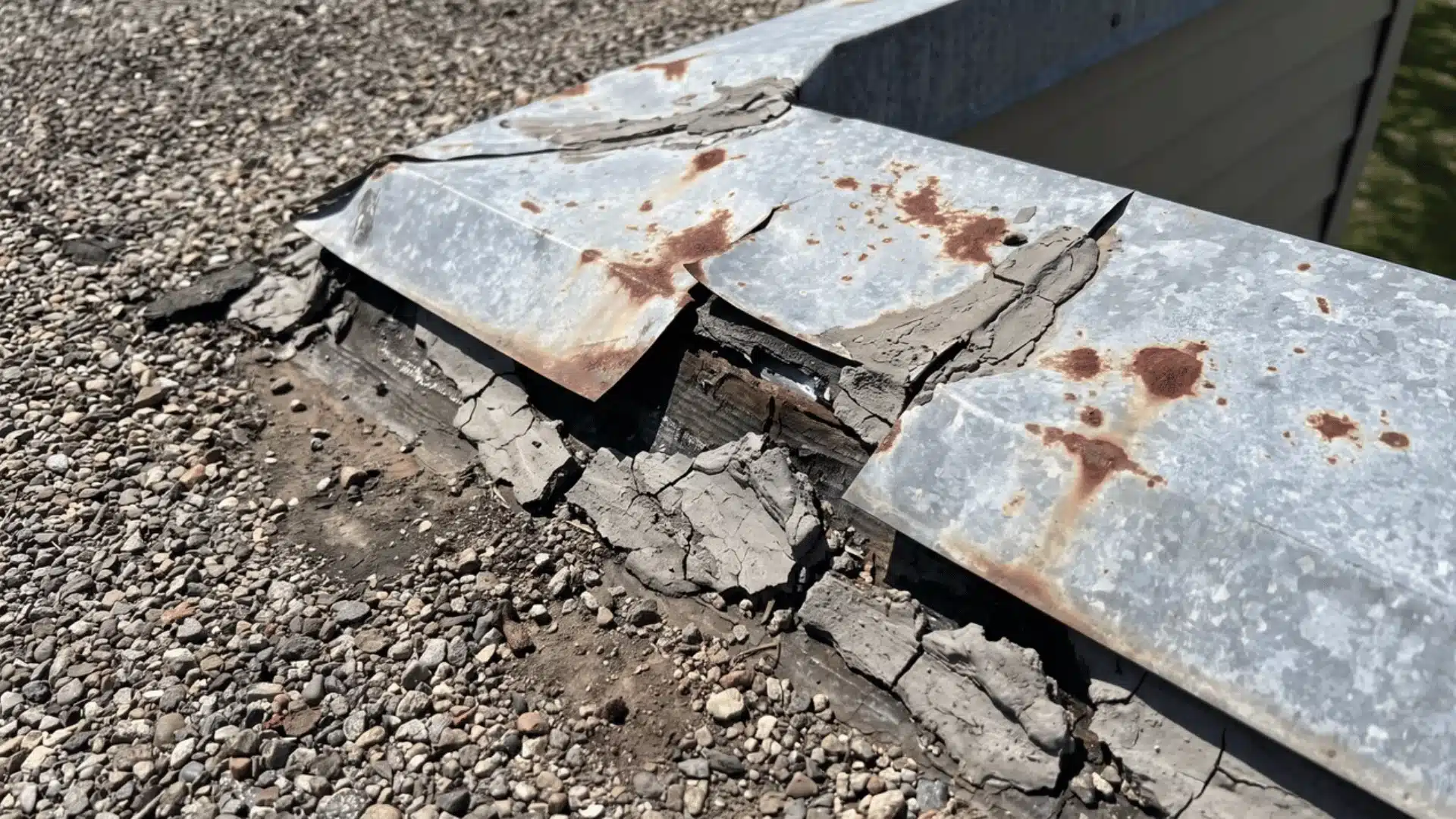 Roof flashing with lifted metal, rust spots, cracked sealant, and gaps near a tar and gravel roof edge