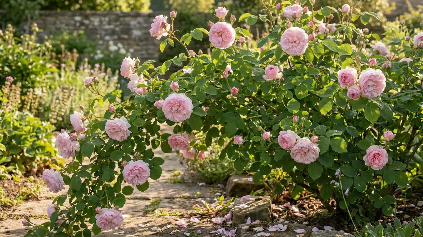pale pink damask roses blooming on loose, arching shrubs beside a stone garden path