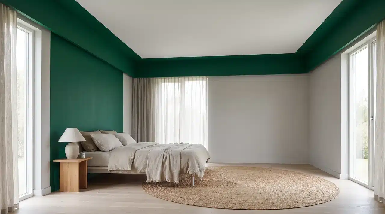 Deep green feature wall with paint extending onto the ceiling in a modern bedroom