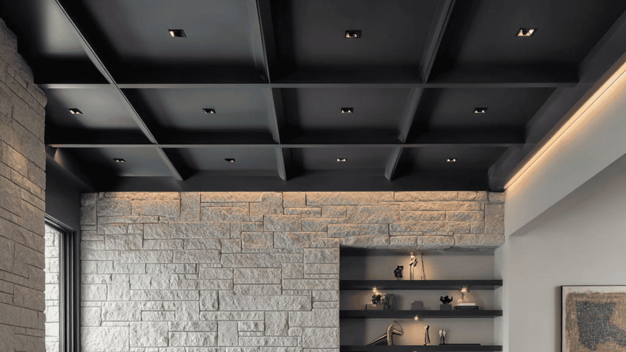 dark contrast tray ceiling with bold recessed panels and subtle lighting creating a sleek modern living room atmosphere