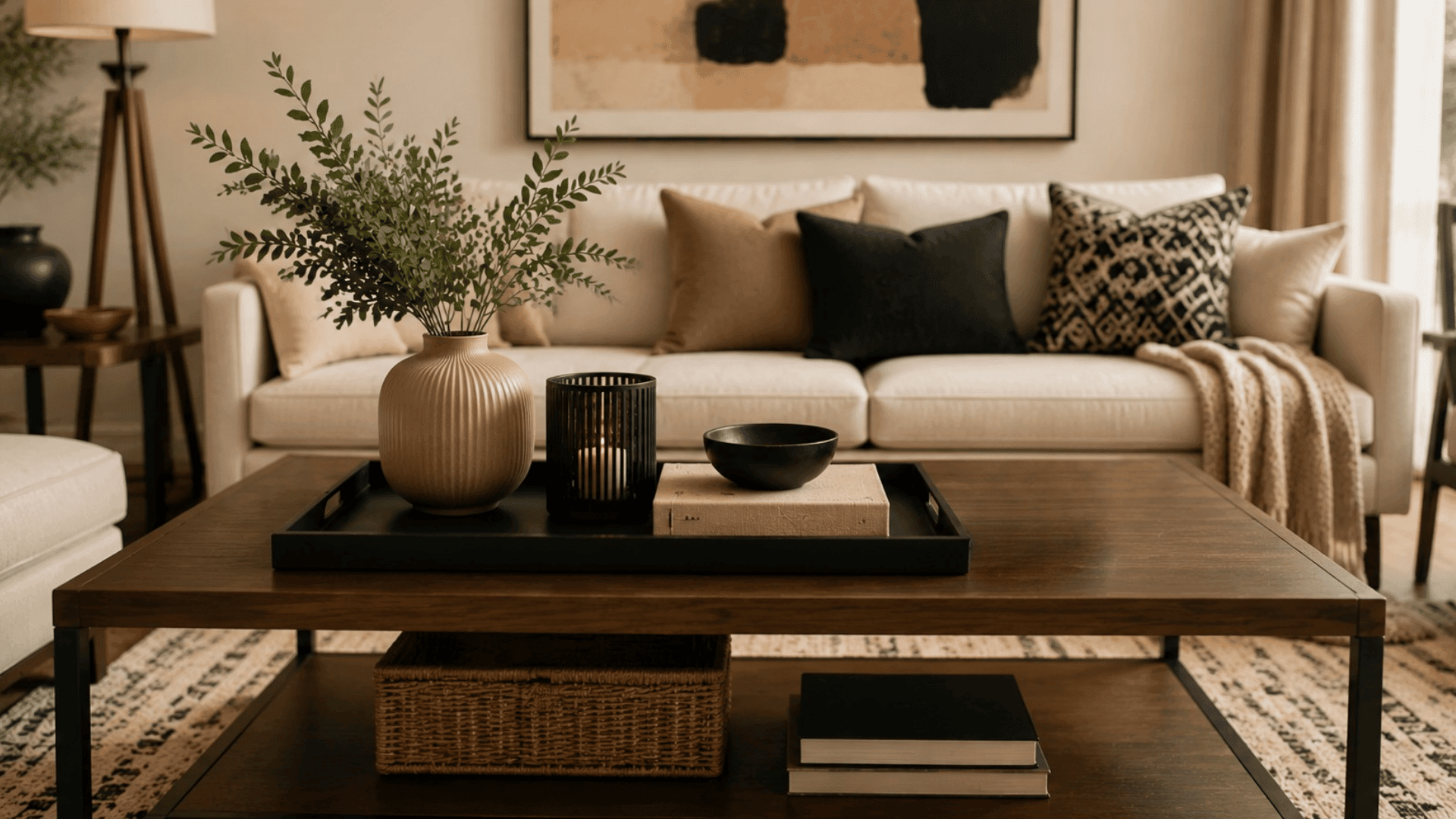 dark wooden coffee table with leafy vase candle tray books and decorative accents in front of a cream sofa with patterned cushions