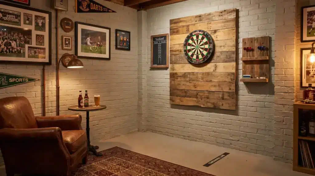 Dartboard nook with wall storage and seating in a compact man cave.