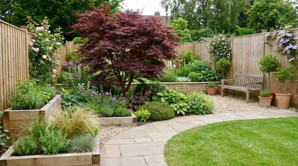 Best Decoradhouse Garden Tips by DecoratorAdvice Well-designed backyard garden with layered plants, containers, and organized landscaping elements