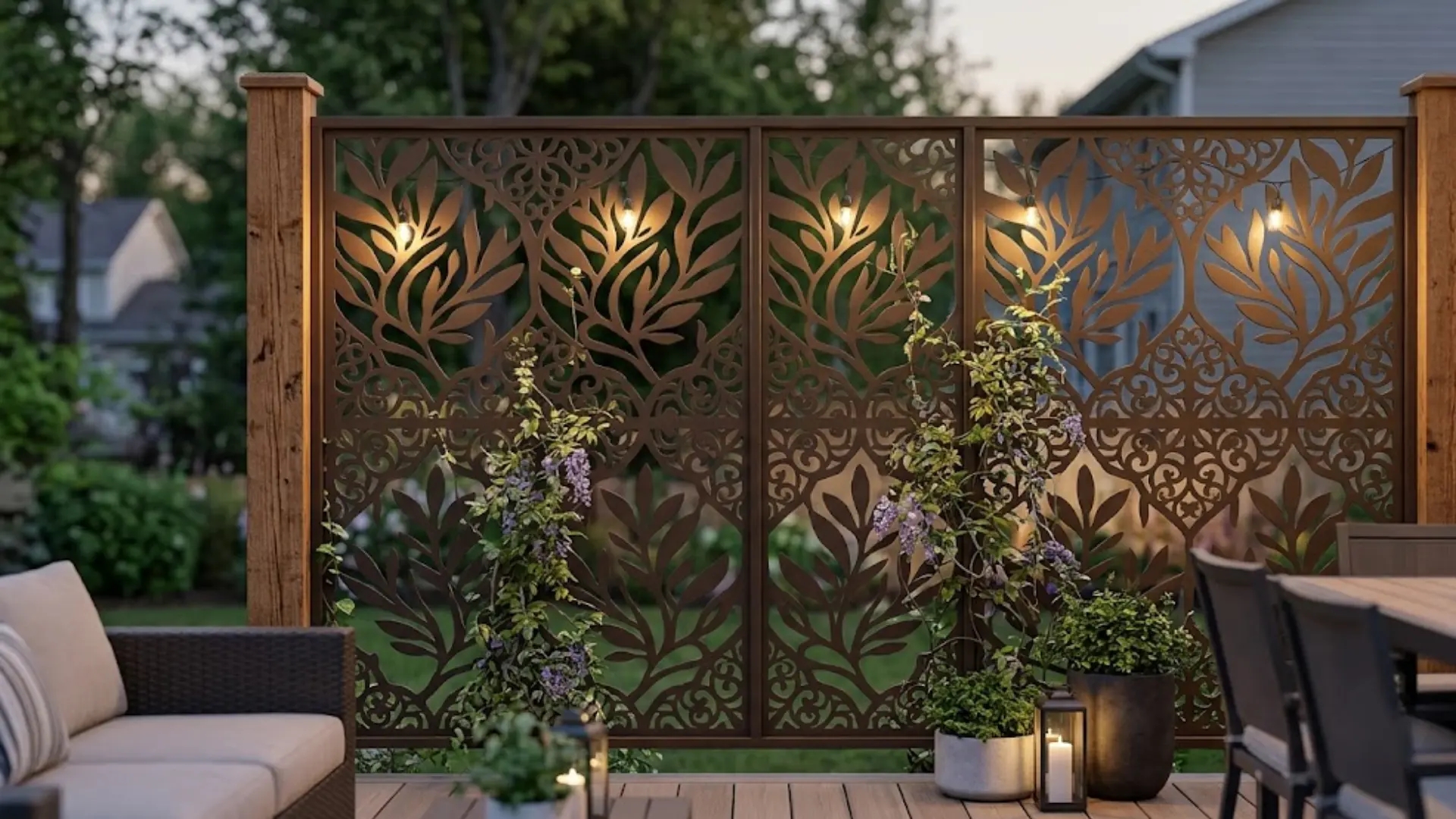 Decorative metal deck privacy screen with climbing plants, warm lighting, and modern outdoor seating