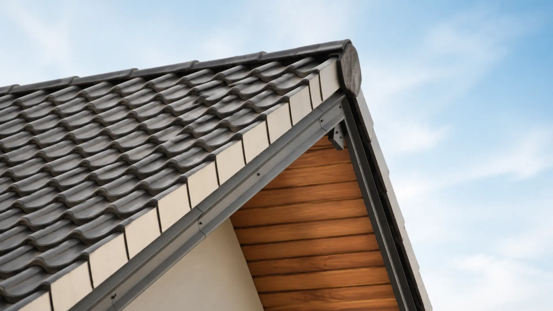 Close-up view of a decorative roof eave with gray tiles, wooden soffit, and detailed gable trim.