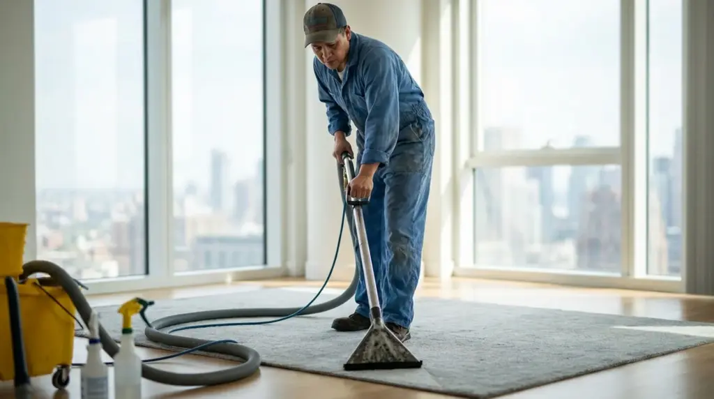 Person in overalls using a steam extractor to deep clean a rug near bright windows